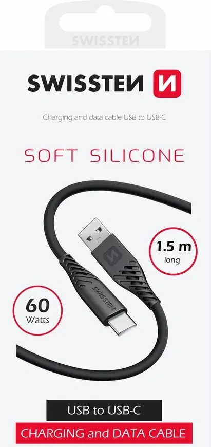 Kabllo karikuese USB në USB-C Swissten, 60W, 1.5m, e zezë