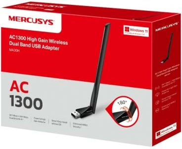 Adapter Wi‑Fi USB, Mercusys MA30H, AC1300 Dual-Band me antenë me fitim të lartë, e zezë