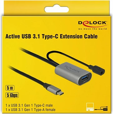 Kabllo aktive zgjatëse USB DeLOCK 85391, USB-C në USB-A (femër), 5 m, USB 3.2 Gen 1, me hyrje DC, zi/gri