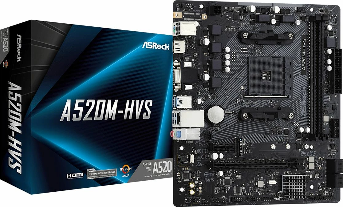 Pllakë amë ASRock A520M-HVS, 2xDDR4 deri 64GB, Ultra M.2, HDMI 4K60Hz