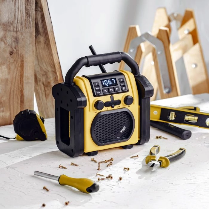 Radio portative ADLER AD1911, Bluetooth 5.1, FM, 10 W, IPX54, AUX, furnizim me rrymë ose 6x R14, verdhë/zezë