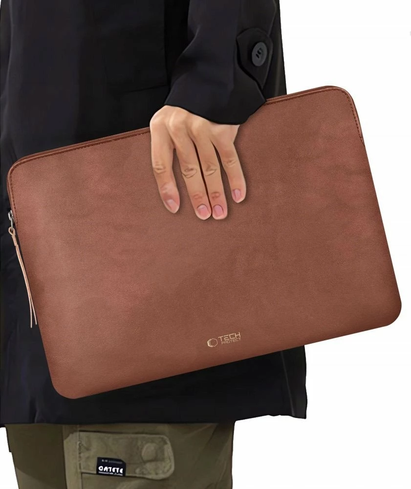 Mbështjellës për laptop Tech-Protect Fleece Case 16\", me zinxhir, lëkurë artificiale, kafe