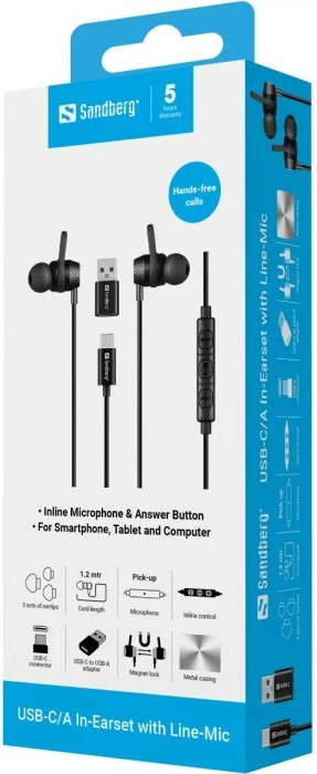 Kufje SANDBERG USB-C/A In-Earset 126-50, me mikrofon në kabllo, kabllo 1.2 m, set me adapter USB-C në USB-A + 3 palë tips, e zezë