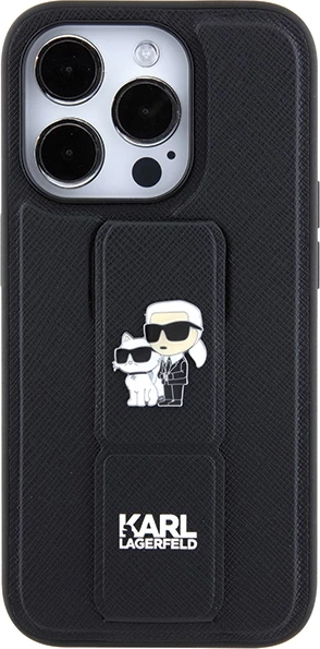 Mbështjellës Karl Lagerfeld Gripstand Saffiano Karl&Choupette Pins për iPhone 15 Pro Max, i zi