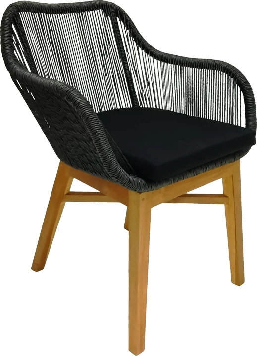 Karrige Kalie dru teak dhe litar sintetik, ngjyrë natyrale e zezë, me jastëk, 60x61x80cm