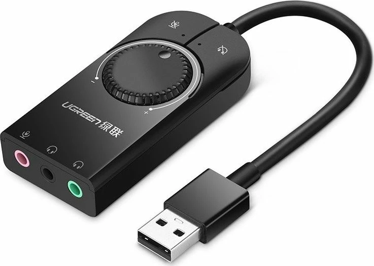 Kartë zanore USB e jashtme Ugreen 40964, stereo, 2x 3.5mm kufje + 1x 3.5mm mikrofon, e zezë