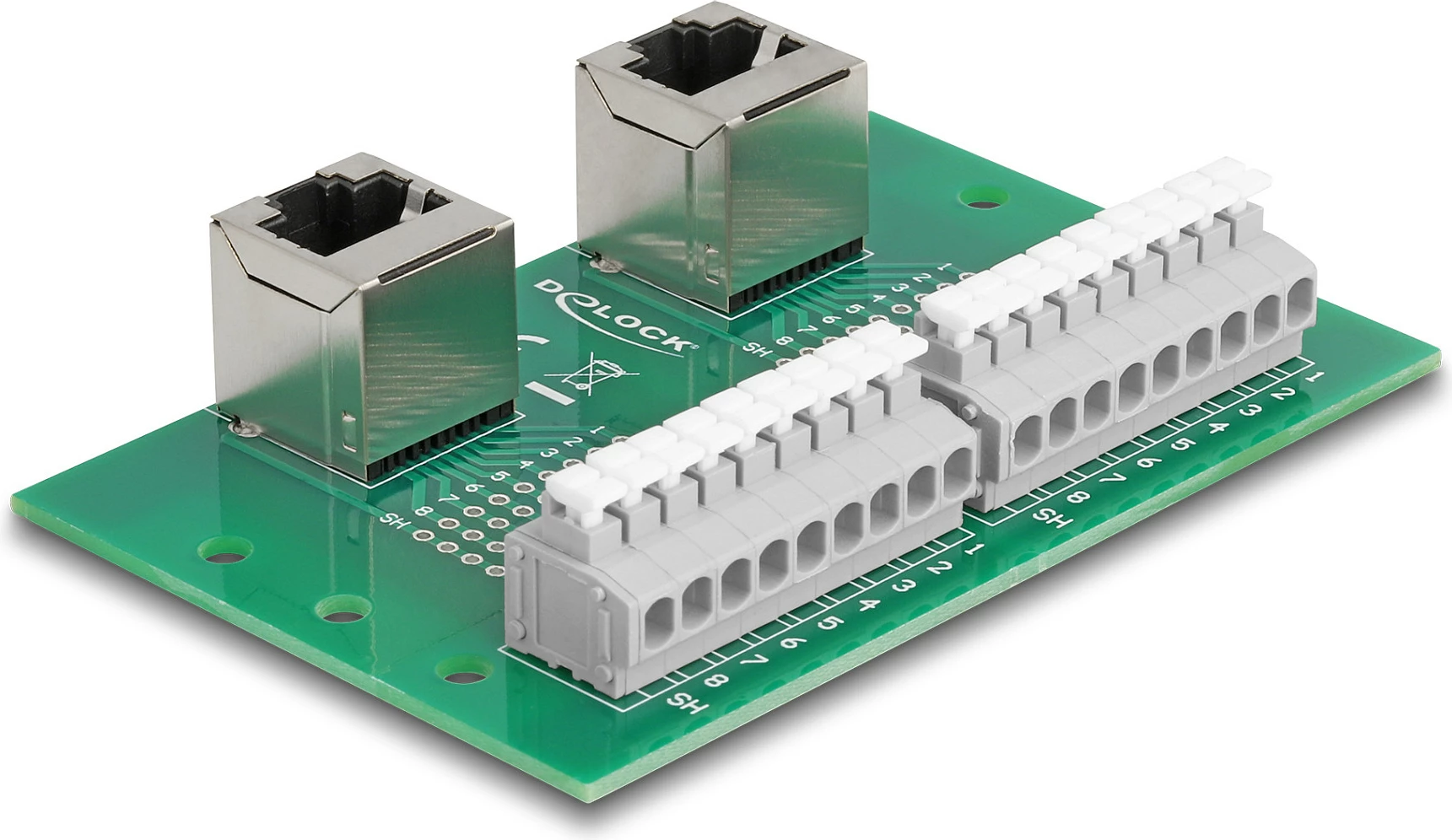 Adapter rrjeti DeLOCK RJ45 2x Female në Terminal Block, montim DIN rail, 90°, jeshil/gri