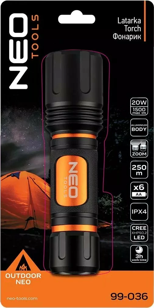 Llambë dore me bateri Neo 99-036 1500 lm LED CREE XHP50.2 6xAA, e zezë/portokalli