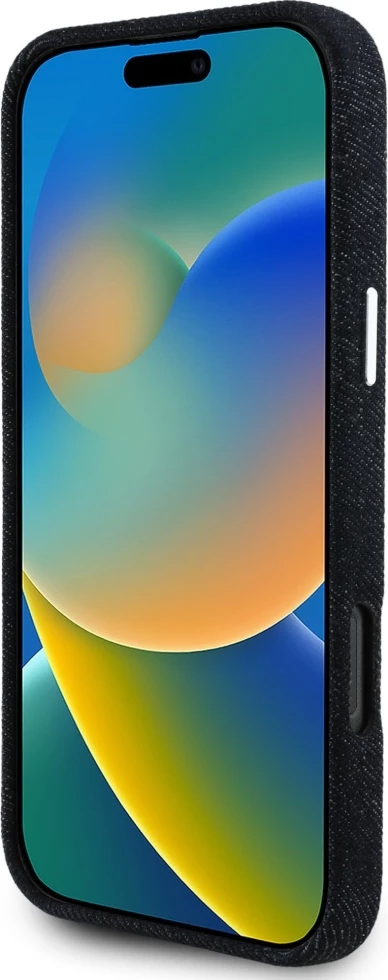 Mbështjellës Guess Denim Triangle Logo MagSafe për iPhone 16 Pro, i zi