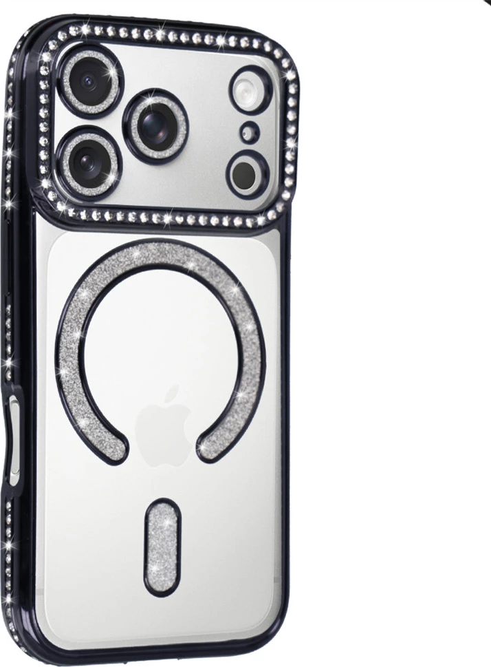 Mbështjellës silikonik MagSafe luksoz ONASI 23891 për iPhone 17 Pro, transparent i zi me gliter