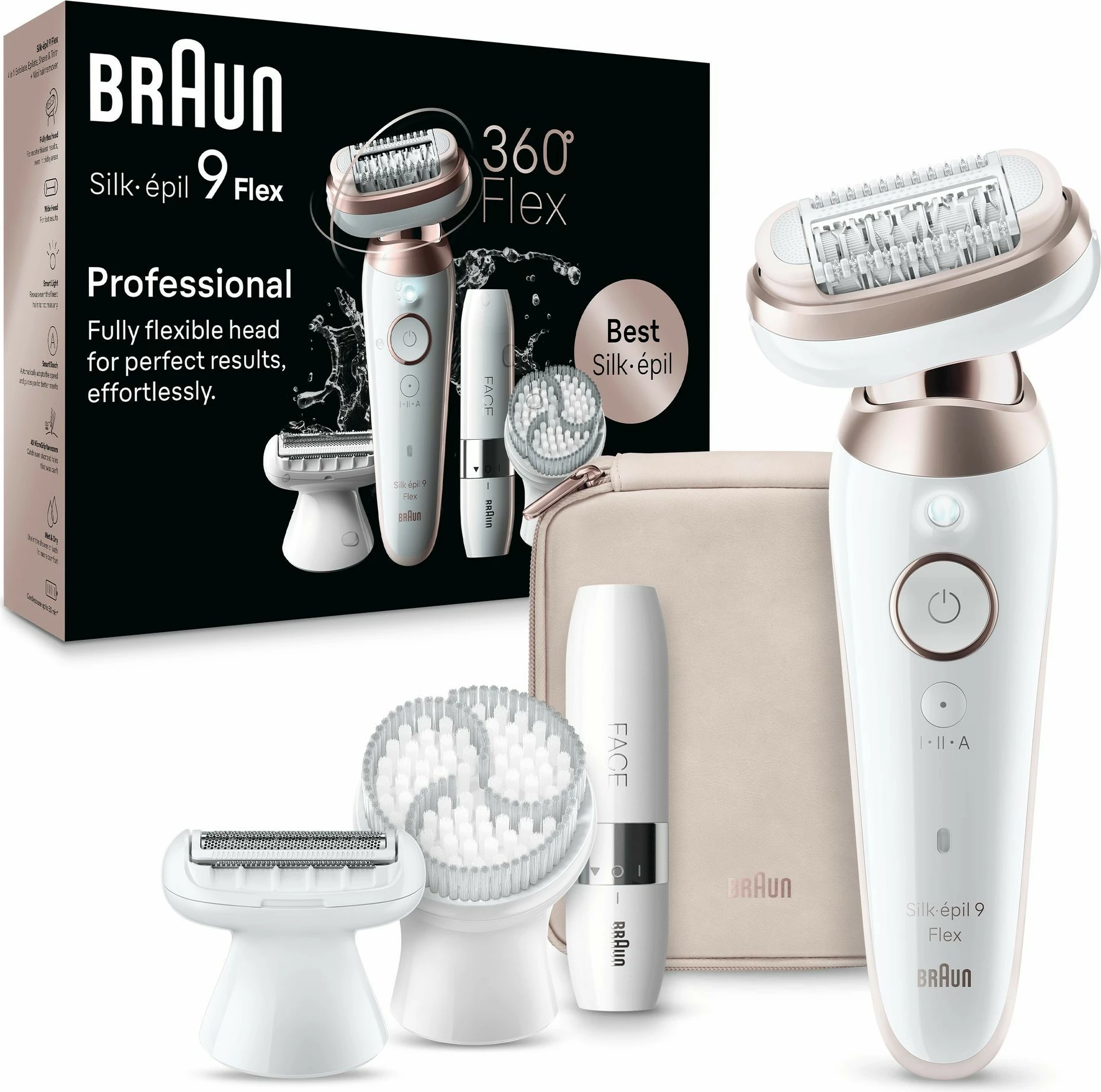 Epilator Braun Silk-épil 9 Flex 9-360 3D, 40 pinceta, MicroGrip, 0.5 mm, i bardhë/rozë