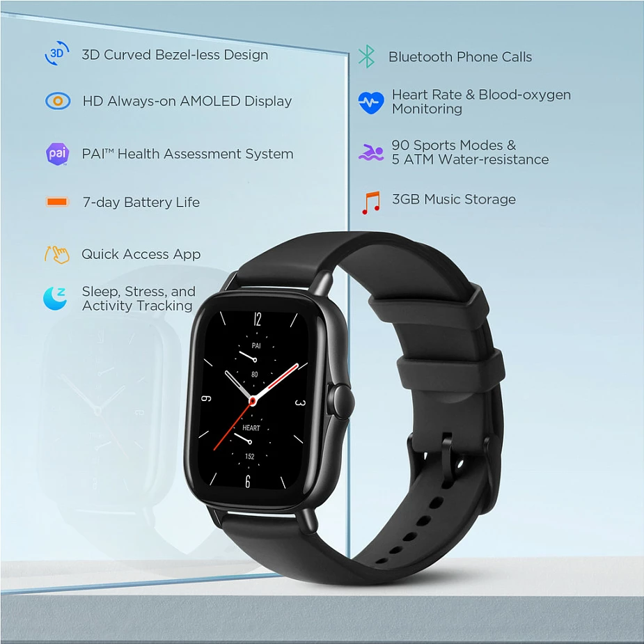 Smartwatch Amazfit GTS 2, AMOLED 1.65", GPS, 3GB muzikë, rrip silikoni, i zi