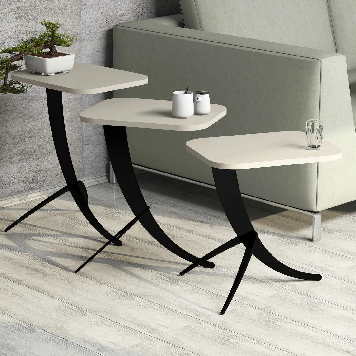 Set tavolinash ndihmëse, 3 copë, Hanah Home, Pion, ngjyrë krem