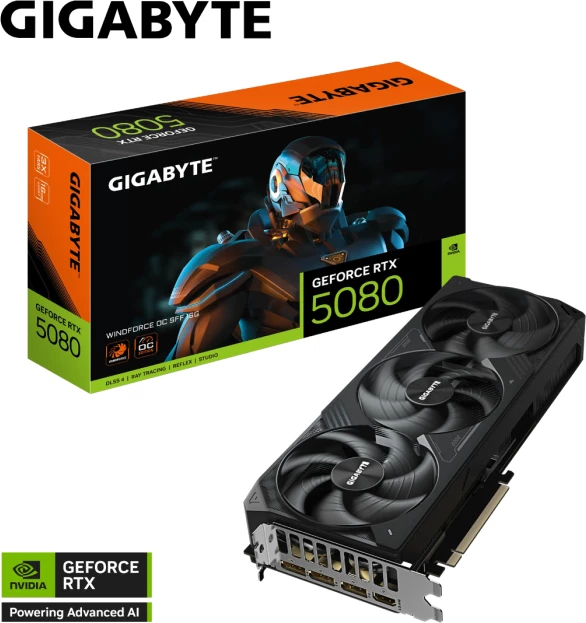 kartelë grafike GIGABYTE GeForce RTX 5080 WINDFORCE OC 16G (GV-N5080WF3OC-16GD), 16GB GDDR7, PCIe 5.0, e zezë