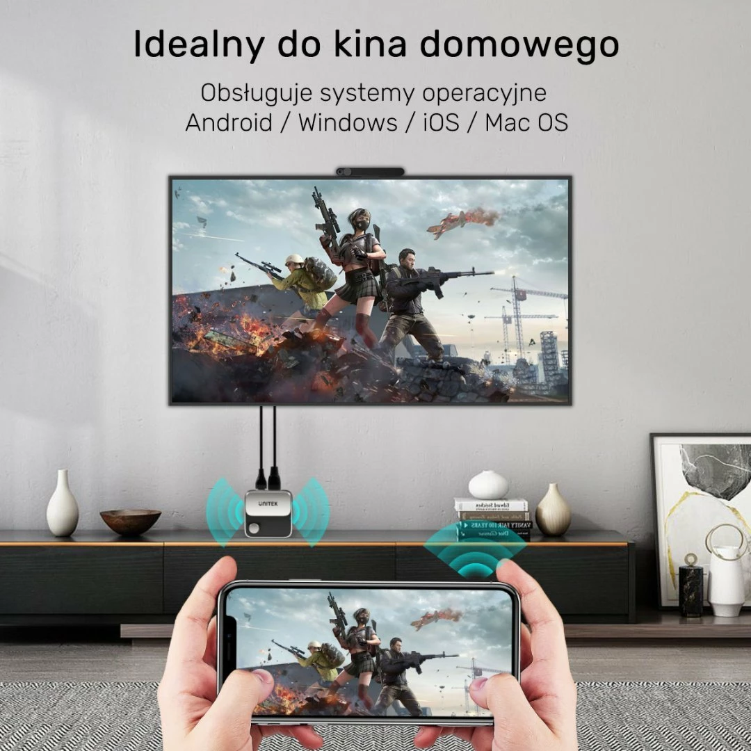 Transmetues HDMI pa tel Unitek V1162B01 4K@60Hz Wi‑Fi 2.4/5GHz rreze 8m, zi-gri, set me kabllo