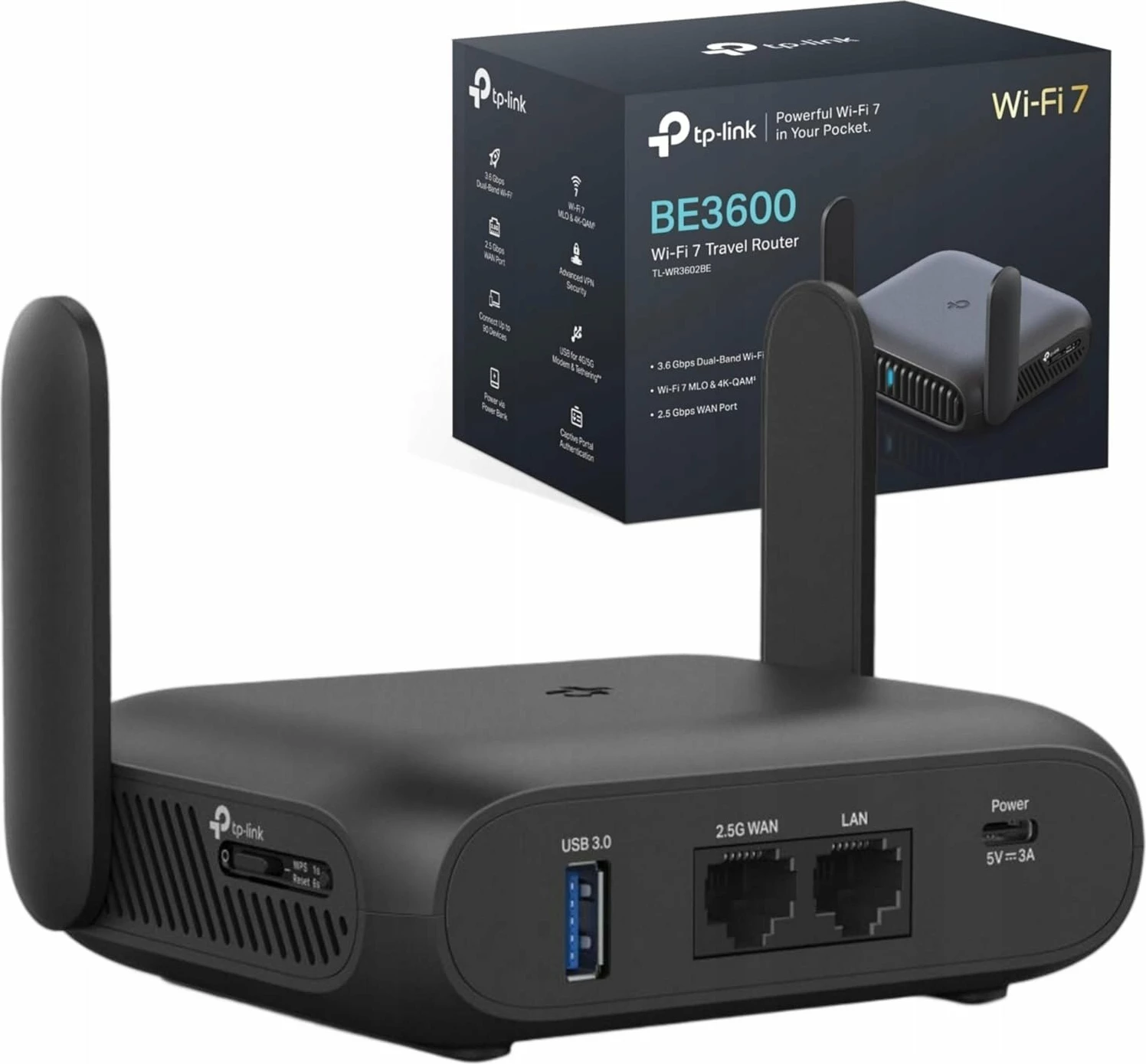 Router Wi‑Fi 7 udhëtimi TP-Link TL-WR3602BE BE3600, 5GHz 2402Mb/s, 2.5GbE, USB 3.0, power bank, i zi