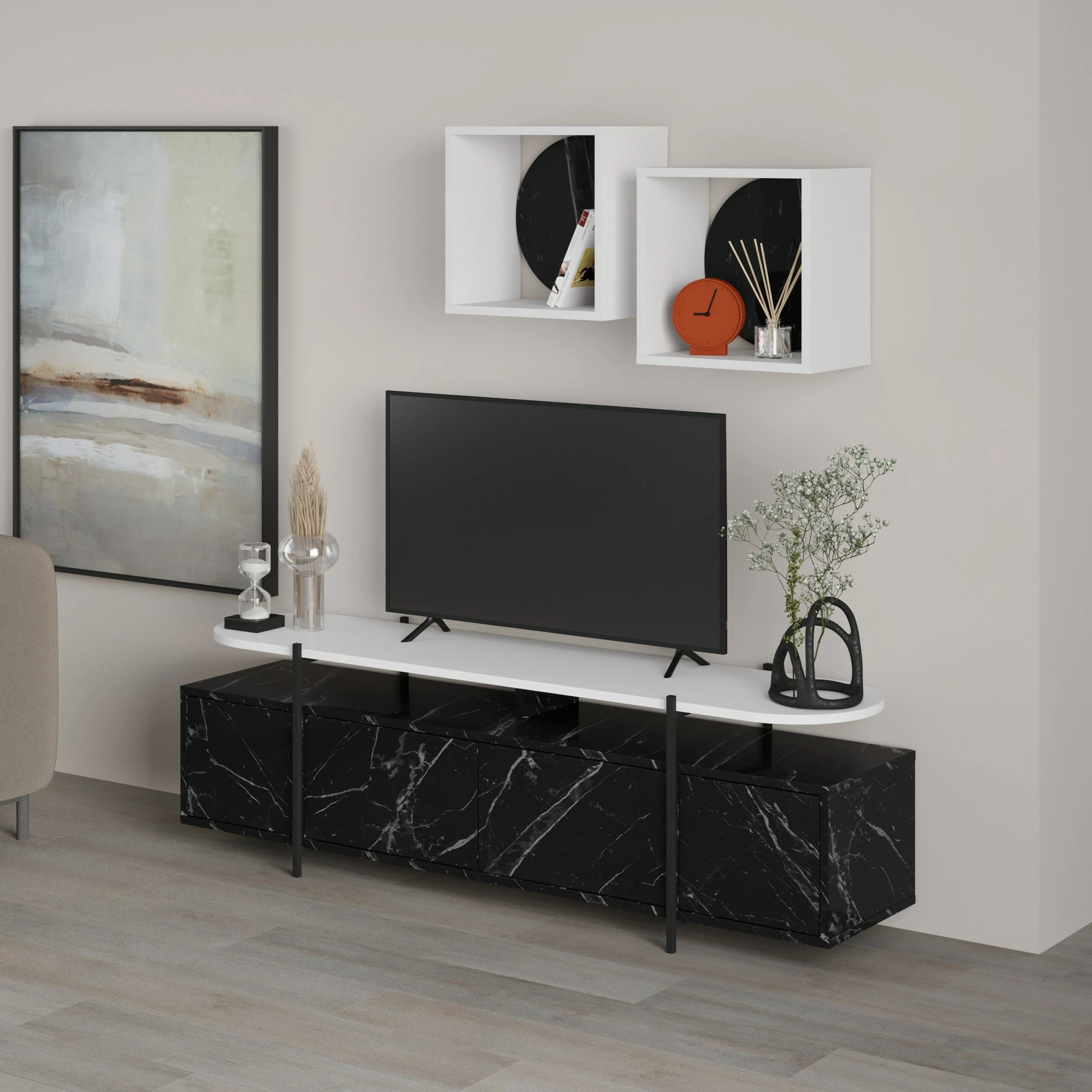 Komodë TV Skye Decor, Hanley - Bendir, e bardhë dhe e zezë