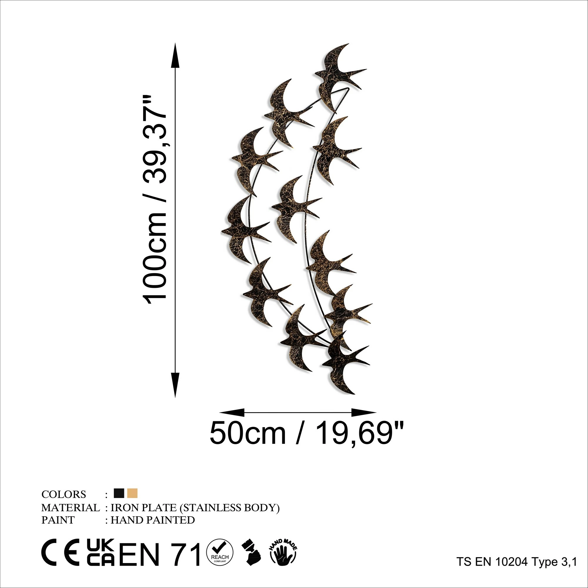 Aksesor dekorativ metalik për mur, Wallity, Flight 3, shumëngjyrësh, 50x100x5cm