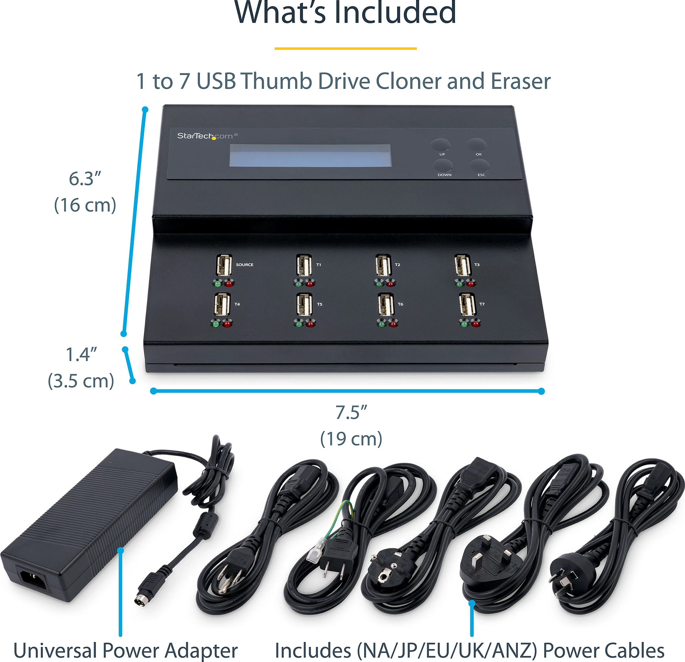 Dublikator dhe fshirës USB StarTech 1-në-7, USB 2.0, LCD, deri 2TB, i zi