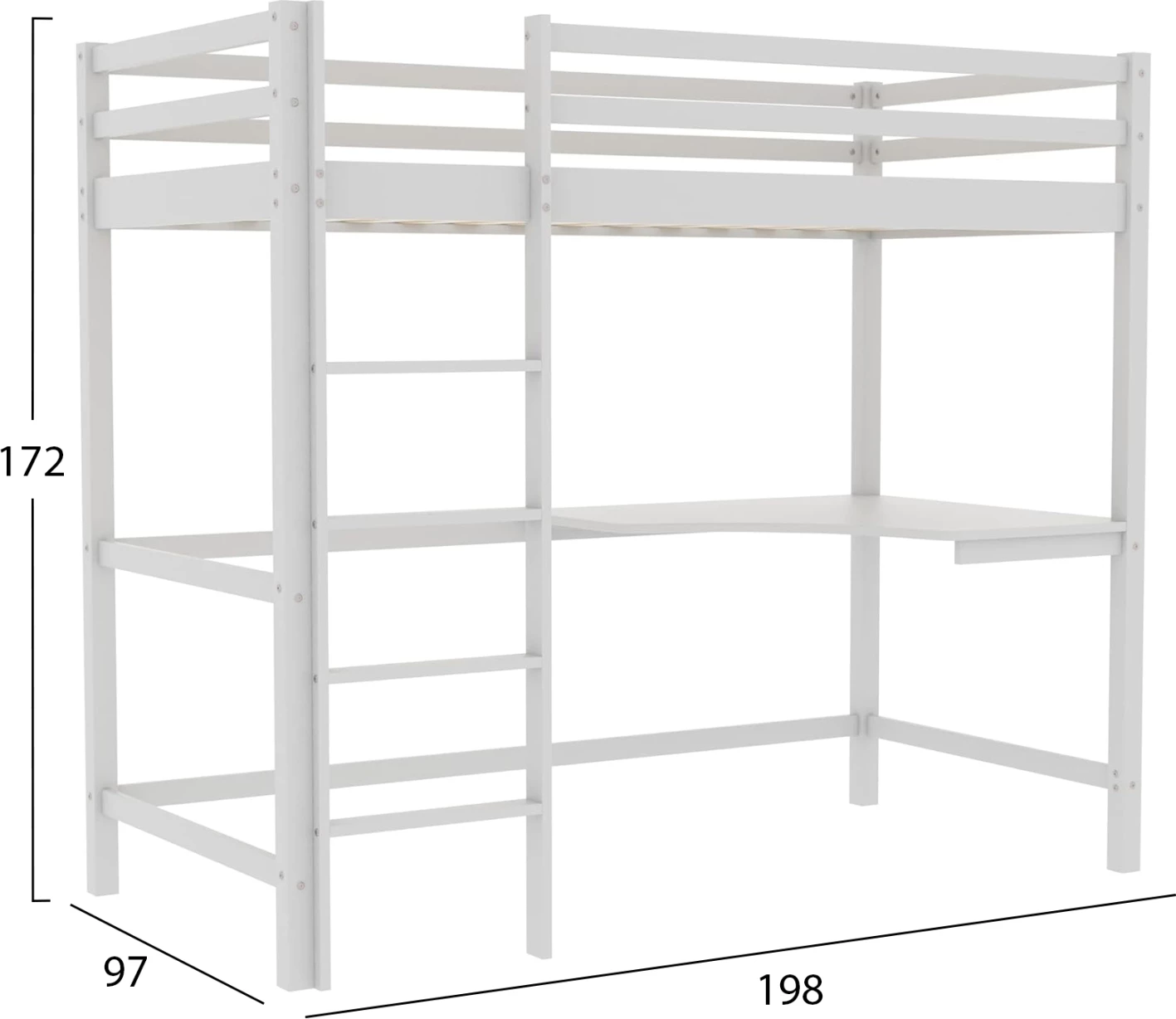 Krevat marinari për fëmijë me tavolinë pune, dru pishe, ngjyrë e bardhë, AKRON FH702.03, për dyshek 90x190cm