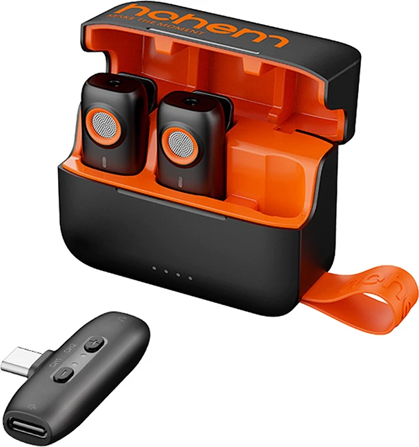 Mikrofon pa tela Hohem MIC-01_TypeC me 2 transmetues, 1 marrës USB-C dhe kuti karikimi, e zezë-portokalli