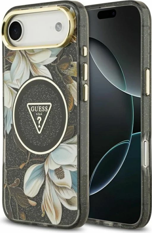 Kllapë telefoni Guess Glitter Flowers Triangle MagSafe për iPhone Air, e zezë