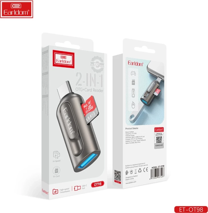 Earldom 2-në-1 Lexues Kartash & OTG Adapter (USB-C), me dizajn modern dhe funksional, për shtëpi, zyrë dhe udhëtime, hiri (gunmetal)