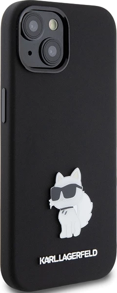 Mbështjellës Karl Lagerfeld Silicone Choupette Metal Pin për iPhone 15 Plus / 14 Plus, i zi