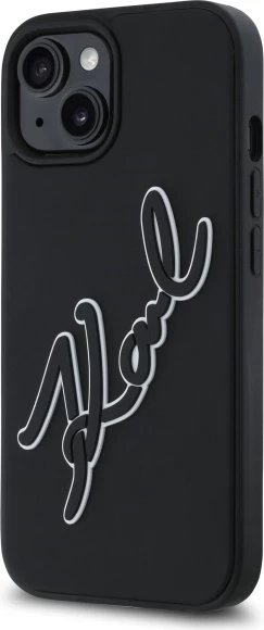 Mbështjellës Karl Lagerfeld 3D Rubber Signature për iPhone 15, i zi