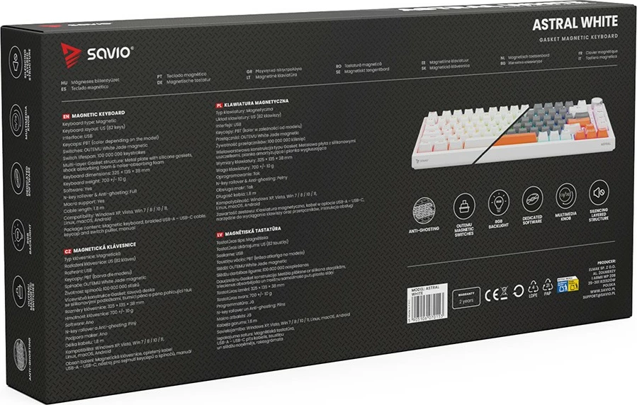 Tastierë magnetike Savio ASTRAL White 82-taste US QWERTY Outemu White Jade Hall RGB USB-C knob multimedia PBT keycaps, e bardhë, set 3 ngjyra kapakësh