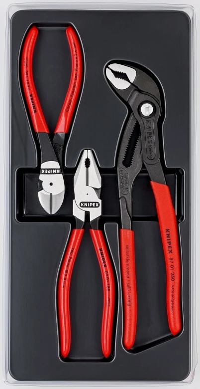 Set pense Knipex 00 20 10, 3 copë, dorezë plastike, e kuqe
