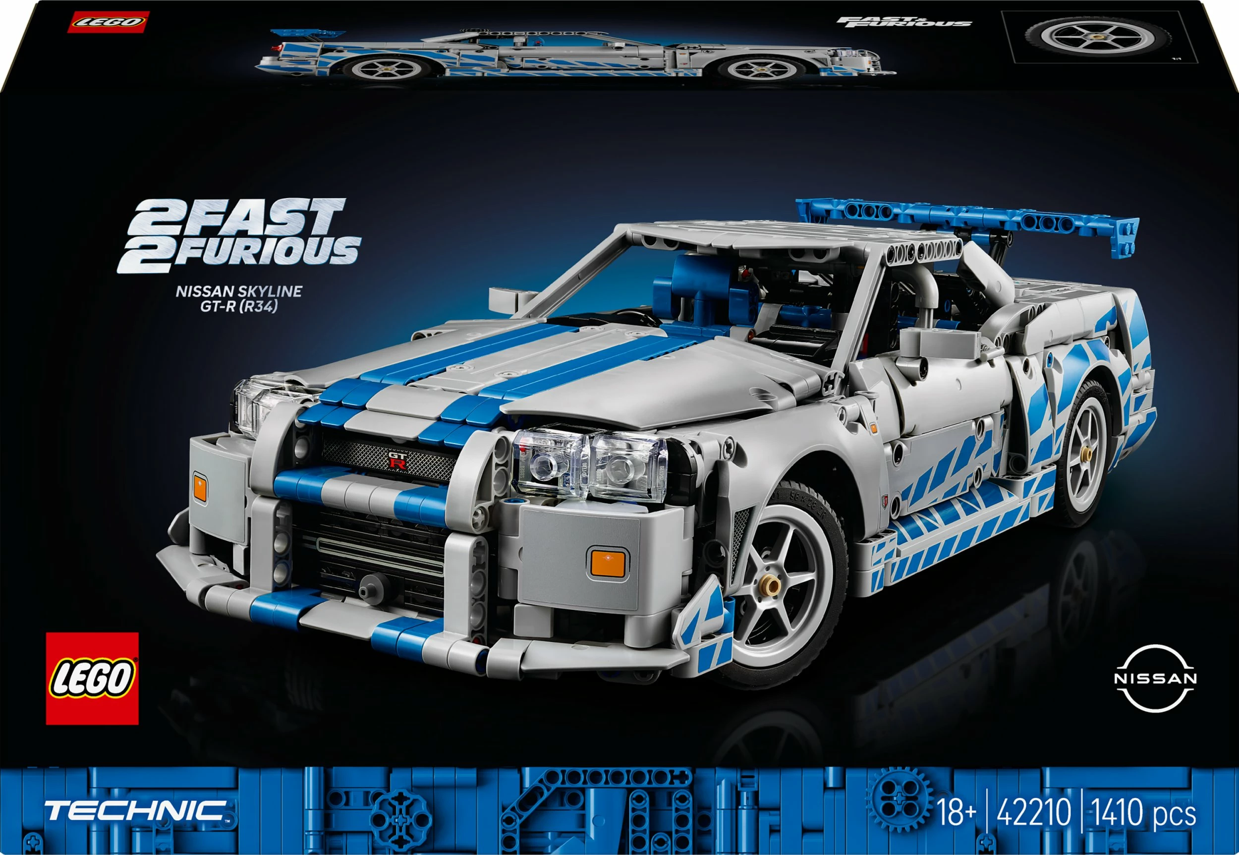 Set LEGO Technic Nissan Skyline GT-R (R34) 42210, 1410 copë, 18+, gri/kaltër