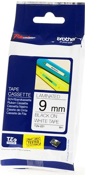 kasetë etiketuese Brother TZe-221 9 mm 8 m e laminuar, e zezë në të bardhë