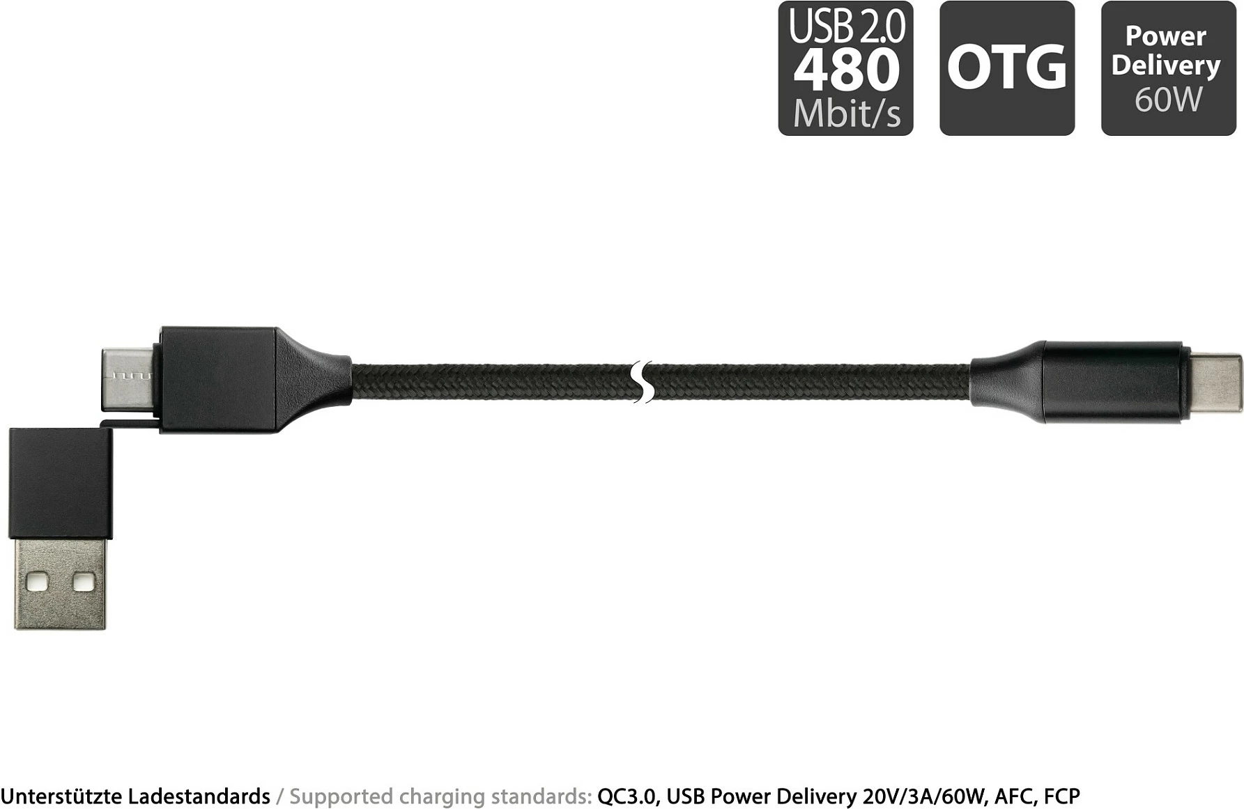 Kabllo USB-A në USB-C PYTHON Series, USB 2.0, QC 3.0, PD 60W, 1m, e zezë