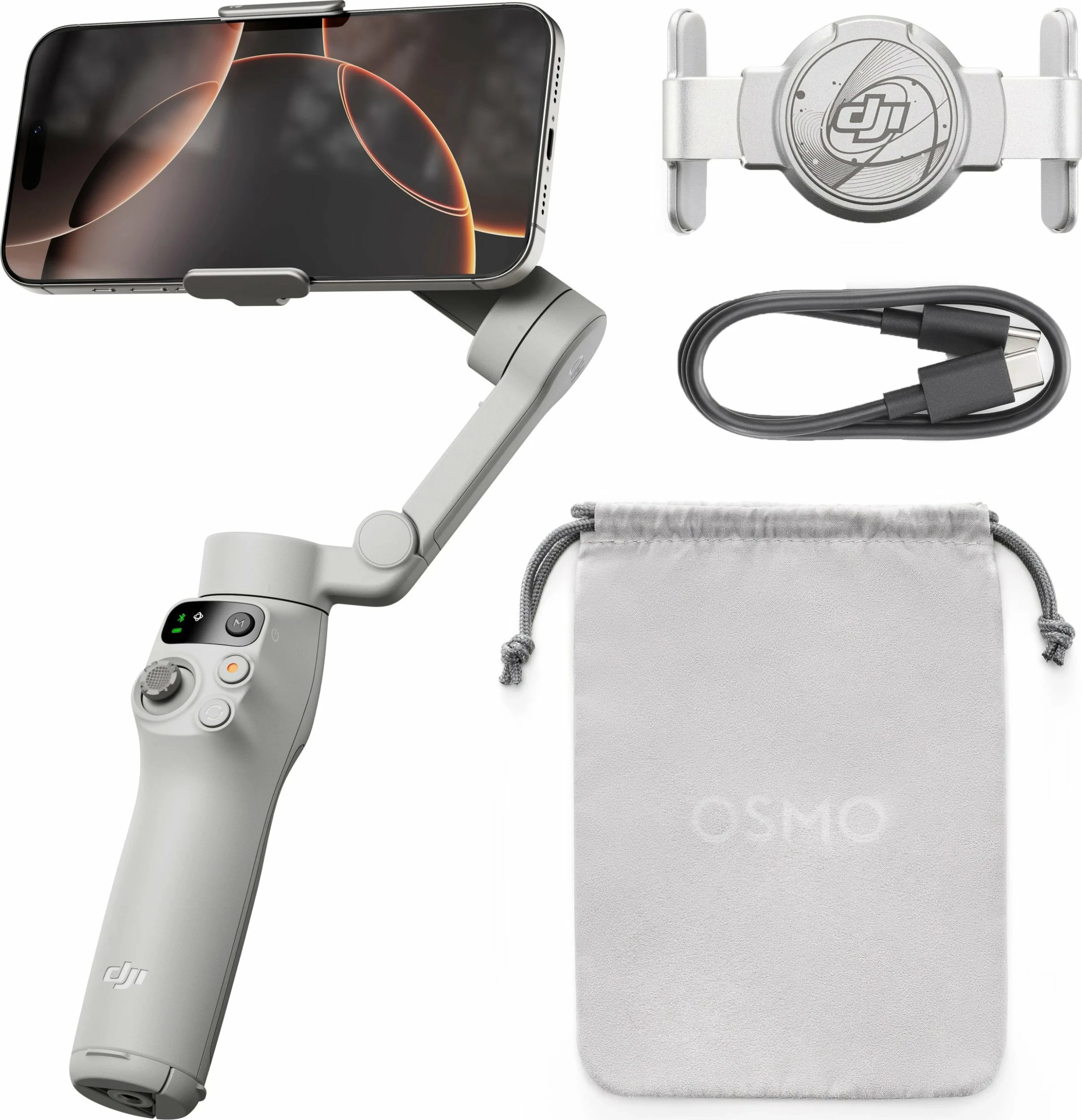 Gimbal DJI Osmo Mobile 7, stabilizim 3-aksësh, Bluetooth 5.3, tripod i integrum, 10 orë punë, gri, set me kabllo dhe qese