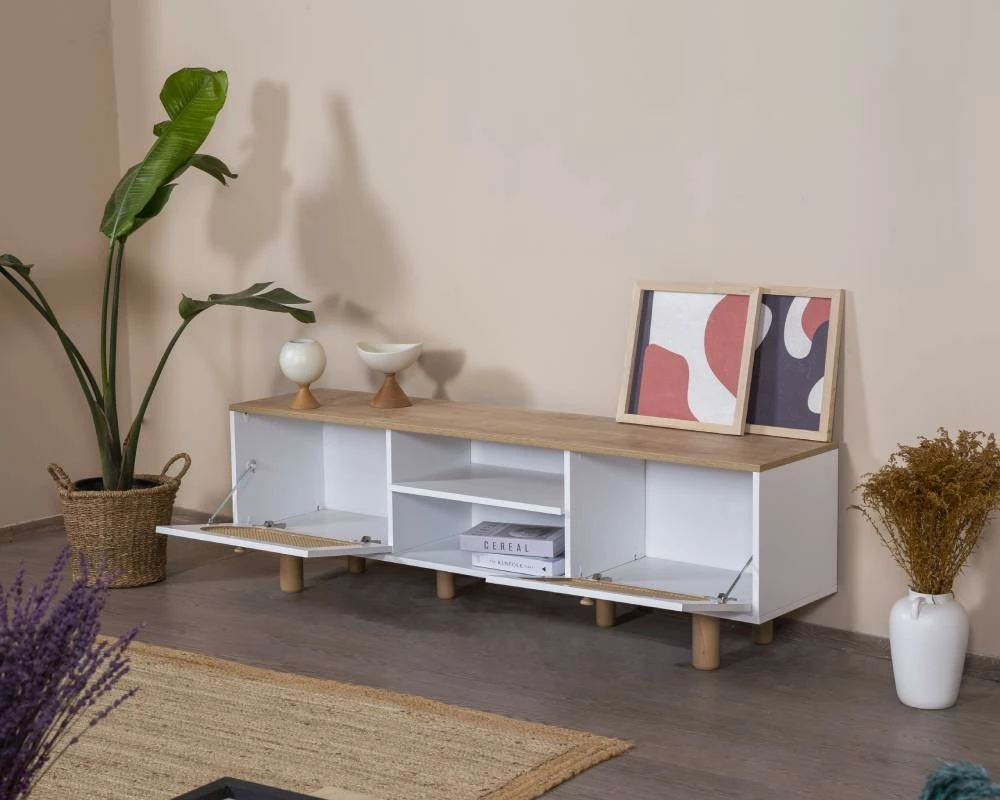 Komodë TV Skye Decor, stil bohem, e bardhë dhe lis