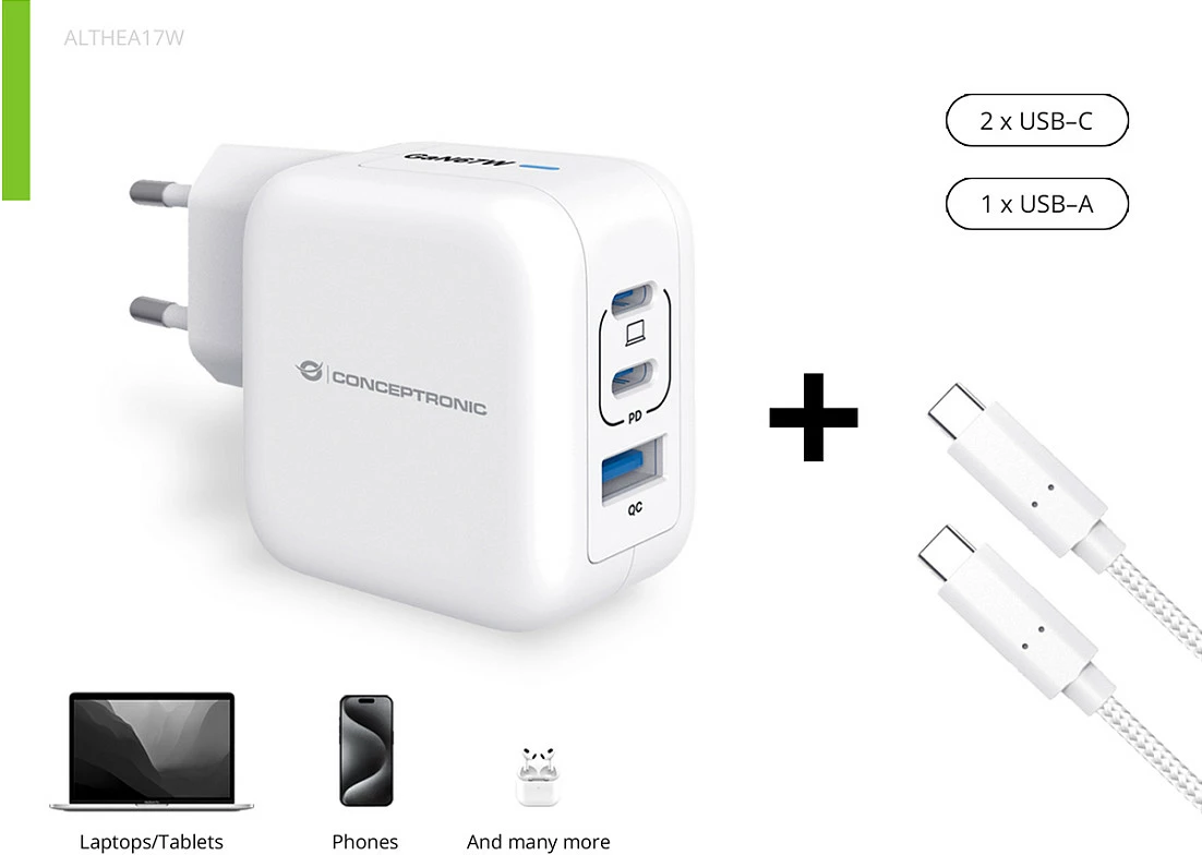Karikues muri Conceptronic 67W GaN, 2x USB-C PD + 1x USB-A QC, me kabllo USB-C 1.5 m, i bardhë
