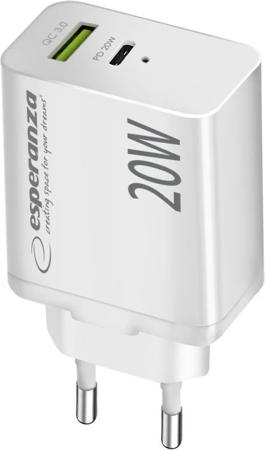 Karikues Esperanza EZC105W, 20W, Quick Charge 3.0, 1x USB-A, 1x USB-C, Bardhë