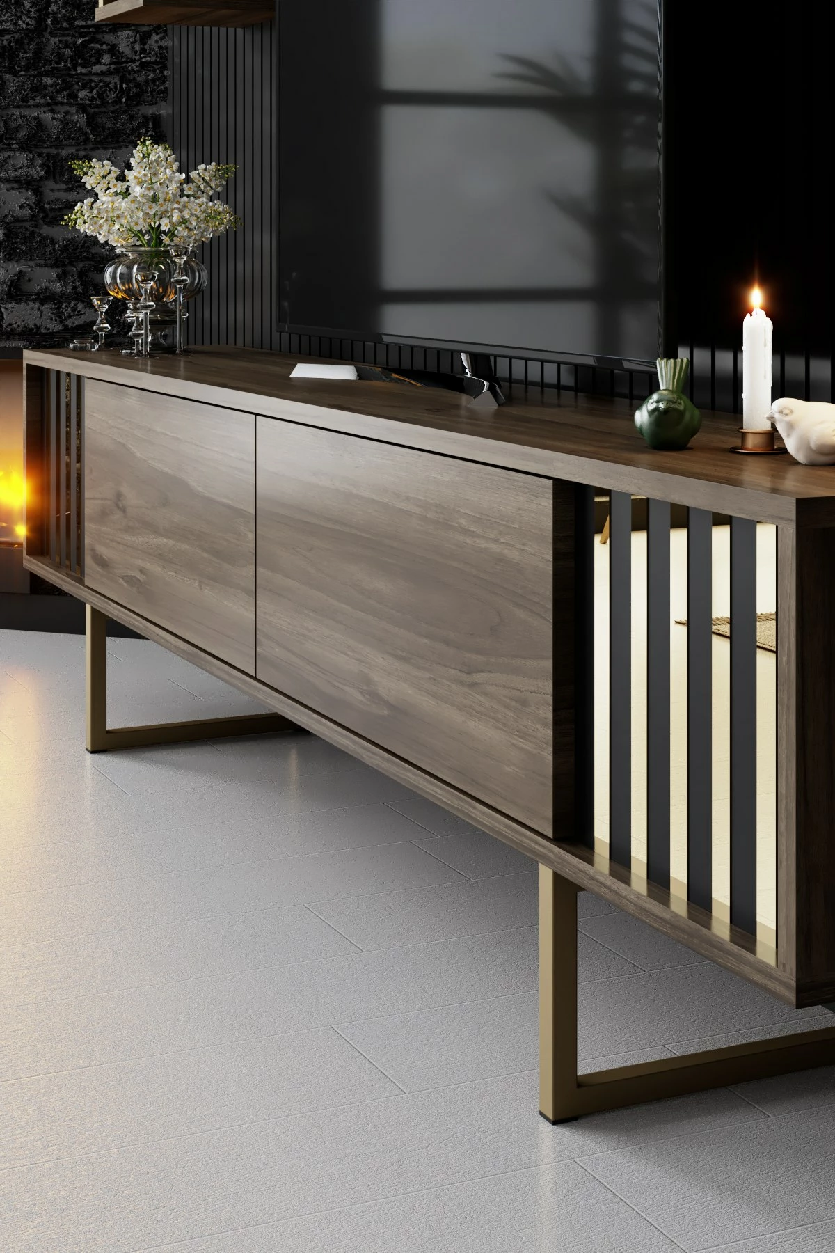 Komodë TV Hanah Home, Gold Line, ngjyrë arre dhe e zezë, me dy rafte muri