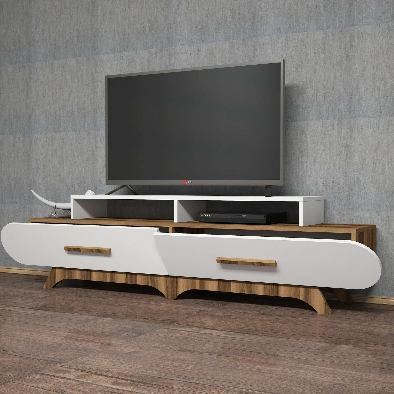 Komodë TV Hanah Home, Flora, ngjyrë arre dhe e bardhë