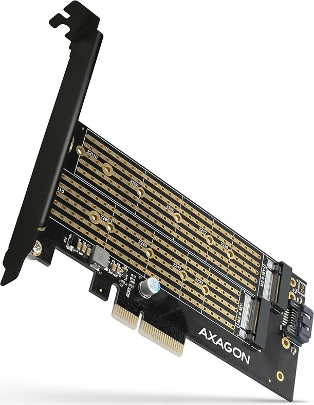 Adapter PCIe x4 AXAGON PCEM2-D për 1x M.2 NVMe M-key + 1x SATA B-key, me aksesorë, i zi