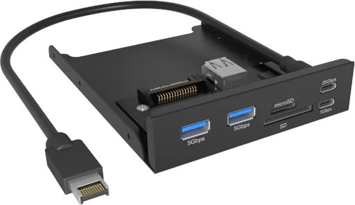 HUB USB për slot 3.5\" ICYBOX IB-HUB1419-i3, USB-E, USB-C 20 Gbit/s, 2x USB-A 5 Gbit/s, lexues SD/microSD, i zi