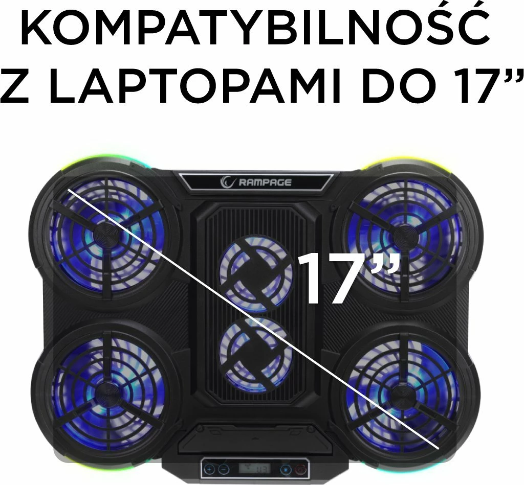 Bazë ftohëse për laptop Rampage Prote R6 10-17\", RGB, rregullueshme, 2x USB, e zezë