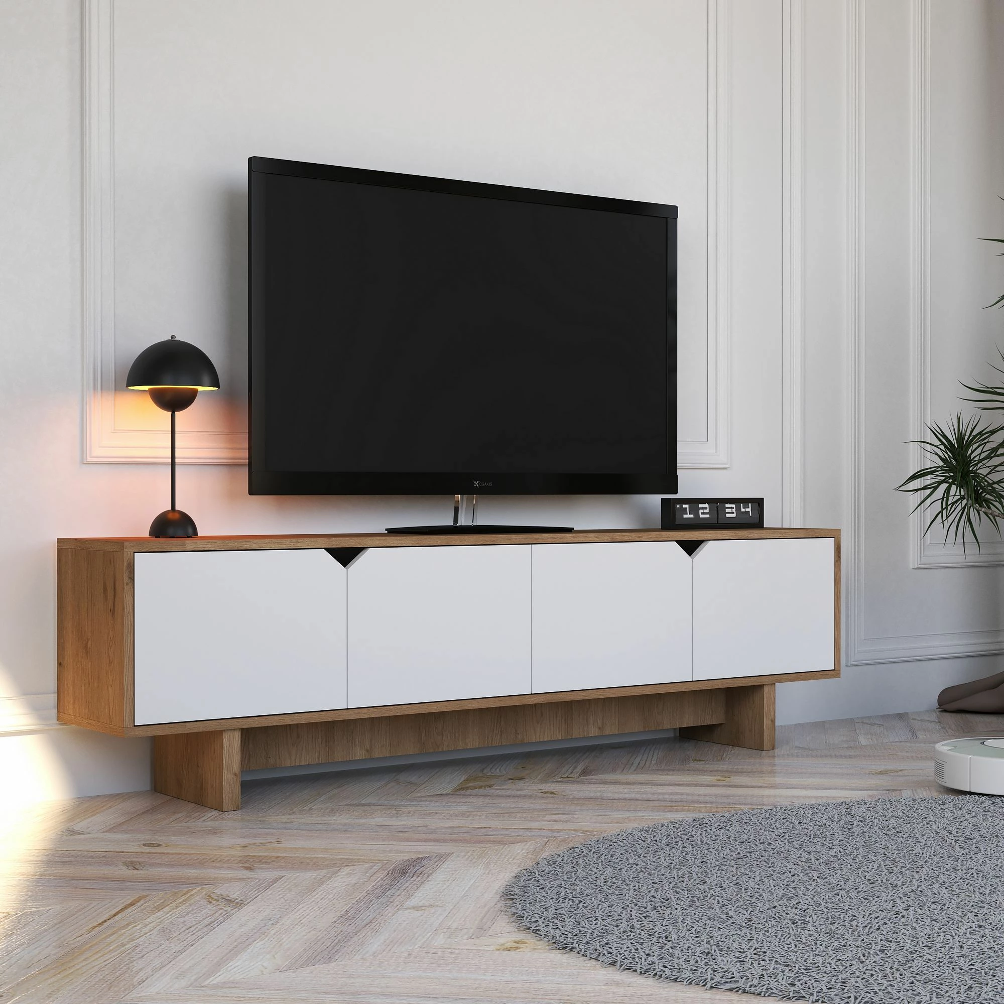 Komodë TV Skye Decor, ngjyrë lisi dhe e bardhë