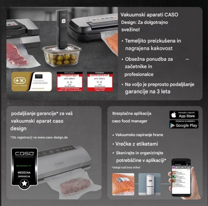 Makinë vakumimi me dhomë CASO VacuChef 40 280W, 70 L/min, saldim i dyfishtë 25 cm, set me 20 qese + tub vakumi, Inoks