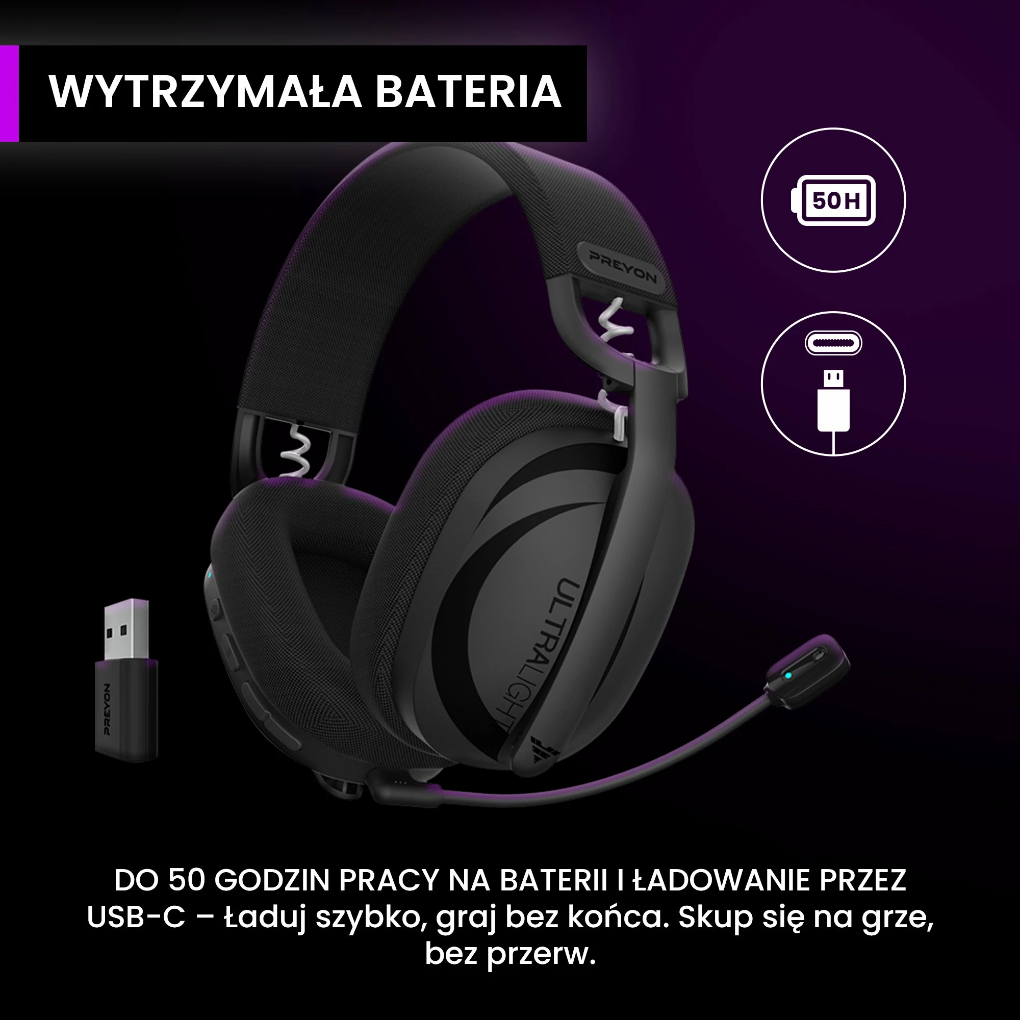 Kufje gaming PREYON Tornado Fly PTF40B, 7.1, Bluetooth 5.2 + wireless 2.4GHz, bateri deri 50h, e zezë