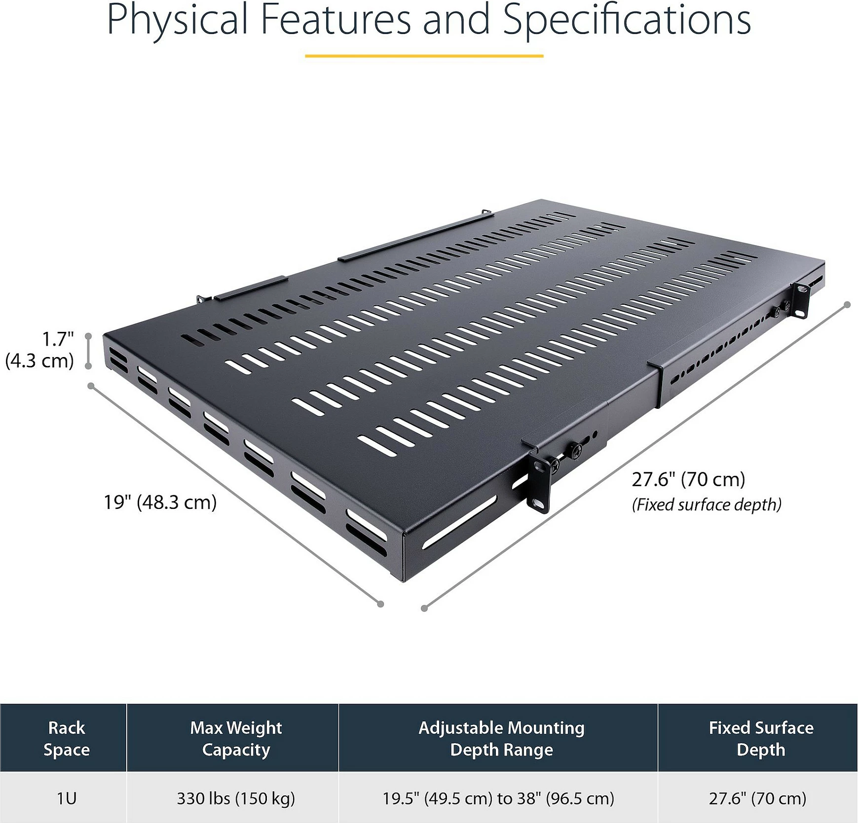 Raft i rregullueshëm për rack serveri StarTech ADJSHELFHDV, 1U, 4-post, i ventiluar, 150 kg, 49.5-97.4 cm, i zi