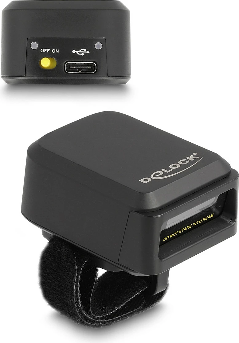 Skener barkodi unazë DeLOCK Ring, 1D/2D, Bluetooth 4.1/2.4 GHz, 2 copë, dok karikimi, zi/verdhë