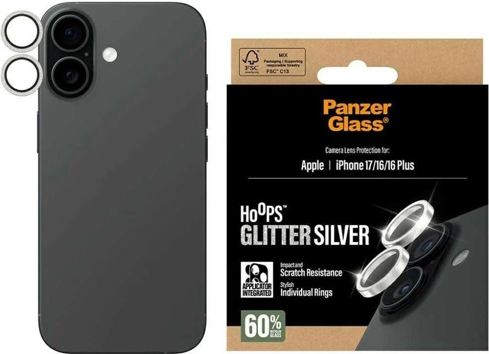 Mbështjellës lente PanzerGlass Hoops Glitter për iPhone 17/16/16 Plus, argjendtë