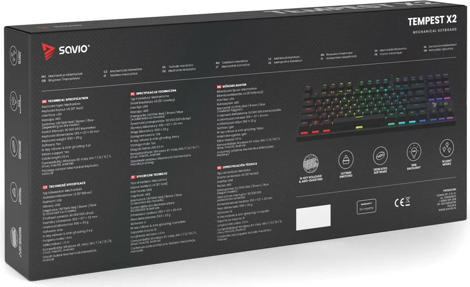 Tastierë mekanike Savio Tempest X2, Outemu Red, RGB, me kabllo, e zezë